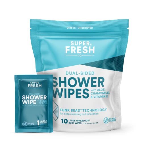 Super-Fresh-FunkBlock-Shower-Wipes-Large-Body-Wipes-for-Hygiene-Camping-Wipes-Gym-Travel-No-Rinse-Bathing-Wipes-with-Aloe-Vitamin-E-Unscented-Bag-of-10-Individually-Wrapped-Wipes