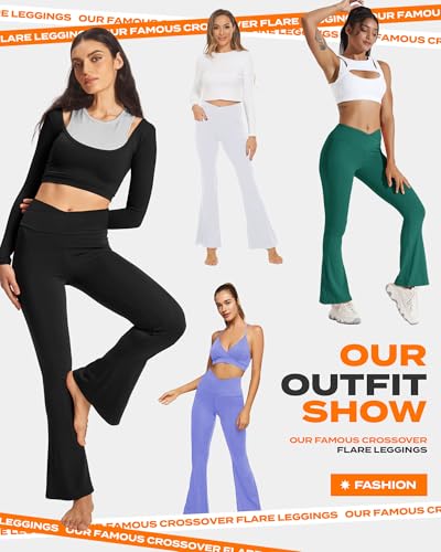 TNNZEET Black Flare Leggings for Women, Crossover Yoga Pants with Pockets Bootcut Flared Leggings