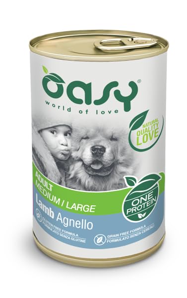 OASY Cane ONE PROTEIN • Adult Medium/Large Agnello | alimento umido completo per cani adulti di taglia media e grande, monoproteico, 6 lattine da 400 grammi.