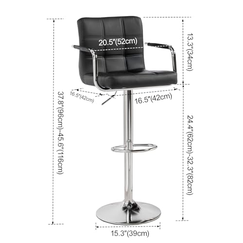 Cuban Bar Chairs with Armrest, Height Adjustable Synthetic Leather 360° Swivel Kitchen Stool with Backrest and Footrest for Breakfast Bar, Counter, Kitchen and Home (Set of 2, Black) - Image 4