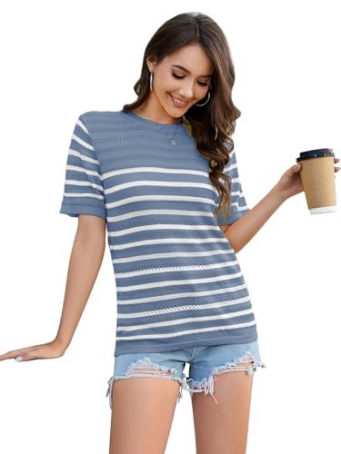 Image of ANCAPELION Women's Short Sleeve Sweater Top Striped Knit Crew Neck Pullover for Summer Trendy Shirts