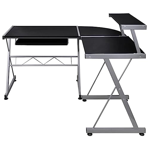 Bureau d'ordinateur d'angle contre le manque de place, table moderne bois et acier robuste