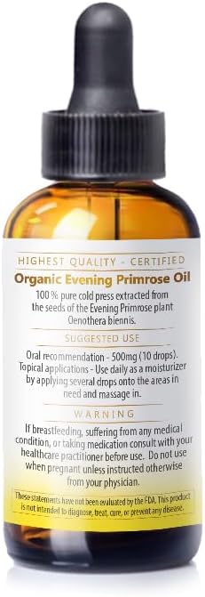 Nuvia Organics Evening Primrose Oil, USDA Certified 100% Pure Cold Pressed, Solvent-Free Extraction; 1 oz