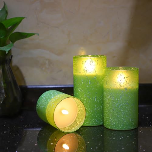 Image of Green Flameless Candles With Remote LED Flickering Pillar Candles Set of 3 | Realistic Flickering Flame Timer Brightness Control Battery Operated LED Candles for Halloween Christmas Holiday & Home Decor