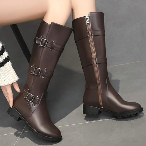 MAVMAX Women's Zipper Knee High Moto Boots Round Toe Motorcycle Boots Chunky Low Heel Biker Booties Buckle Long Riding Boot4