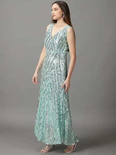 Image of SHOWOFFFF Women Embellished Wrap Party Dress | V Neck Sleeveless Cotton Dress for Womens | Maxi Dress for Women's