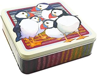 Emma Ball SEASIDE PUFFINS Square Lidded Tin - For Biscuits, Cookies, Lunch, Sandwiches, Bits n Bobs - Multicolour - 17.5 cm