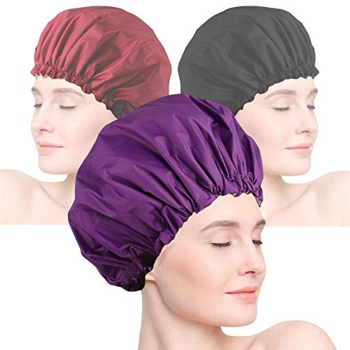 Large Shower Cap for Women Long Hair, 3 Pack XL Reusable Waterproof Shower Caps for Men, Girls, Adjustable Elastic Hair Caps, Double Layer PEVA Lined Curly Thick Hair Shower Cap
