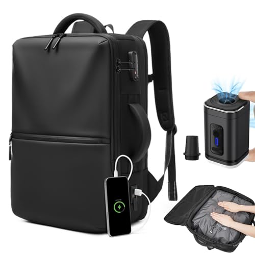 Zurligi Mochila de aire al vacío para viajes, mochila de transporte expandible de 50 L para avión, compresión al vacío con bomba, puerto USB, antirrobo, para negocios, camping, laptop, camping, fin de