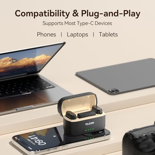 TELESIN° Kablosuz Lavalier Mikrofon, Mini Mikrofon, iPhone, Android PC Kamerası için, Kablosuz Takılabilir Mikrofon, Video Kayıtları için Tek Tıklamayla Gürültü Azaltma, Vlog, YouTube (2TX + 1RX+Şarj