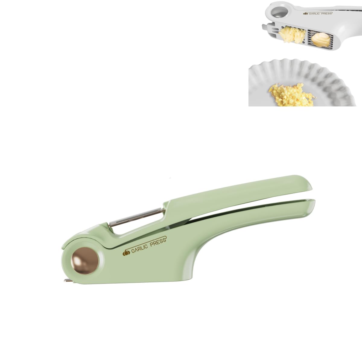 2-in-1-Knoblauchpresse, Knoblauchpresse aus Edelstahl, Knoblauchschäler und Knoblauchreinigungswerkzeug, leicht zu drückender Knoblauchschneider, ergonomischer Griff, rostfrei, Spülmaschinen-Knoblauch