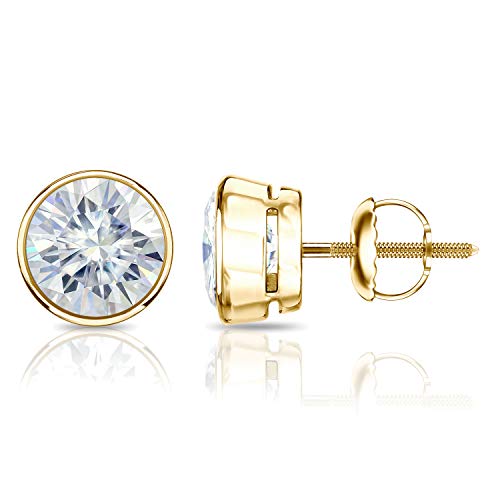 Diamond Wish 7 carat Moissanite Round Stud Earrings in 14k Yellow Gold (J-K, 10 mm, TGW) Bezel Set Screw Back