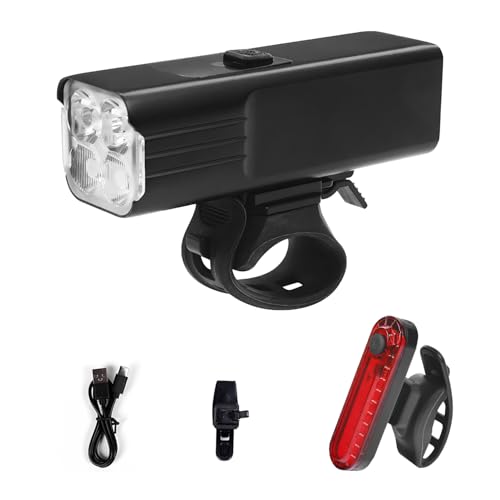 Bike Light Set Super Bright USB Rechargeable Bicycle Lights – Front LED Headlight & Rear Taillight with 2000mAh Battery, 4 Light Modes, Waterproof, for Road & Mountain Cycling Safety