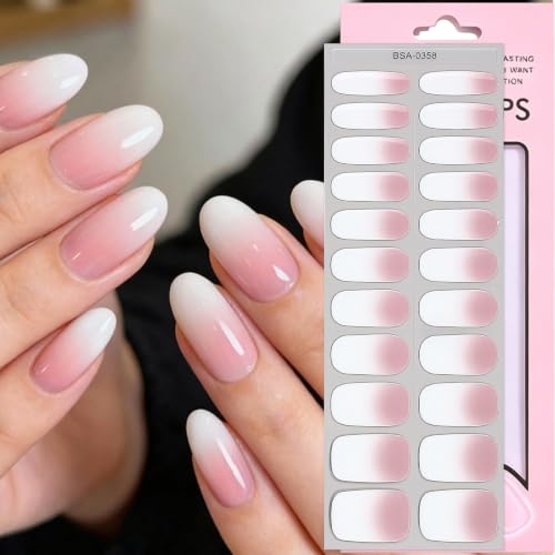 Pink Ombre French Tip Semi Cured Gel Nail Strips, Self Adhesive Full Cover Gel Nail Wraps, No UV Lamp Needed, Glossy Long-Lasting Finish for DIY Manicure