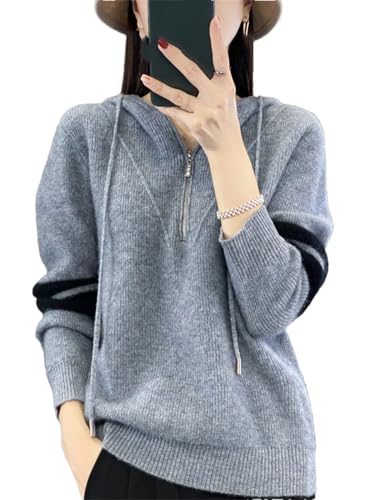 Vsadsau Sudadera con capucha para mujer, 100 % lana merina, con cremallera, informal, grueso, jersey de punto de cachemira, gris, L