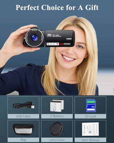 4K Camcorder Video Camera HD 80MP IR Night Vision Vlogging Camera for YouTube 18X Digital Zoom Camera Autofocus 3.0" 270&deg;Rotation IPS Screen Video Recorder with 32GB SD Card, Lens Cap and 2 Batteries