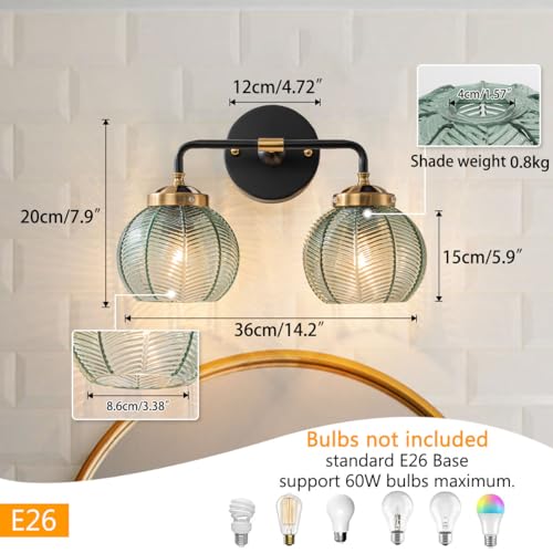 Image of Mid Century Vanity Light Black Bathroom Wall Light Fixtures Green Glass Wall Sconce lamp Ribbed Glass Shade Modern Art Deco Vanity Lights for Over Mirror Bedroom Hallway 2 Lights