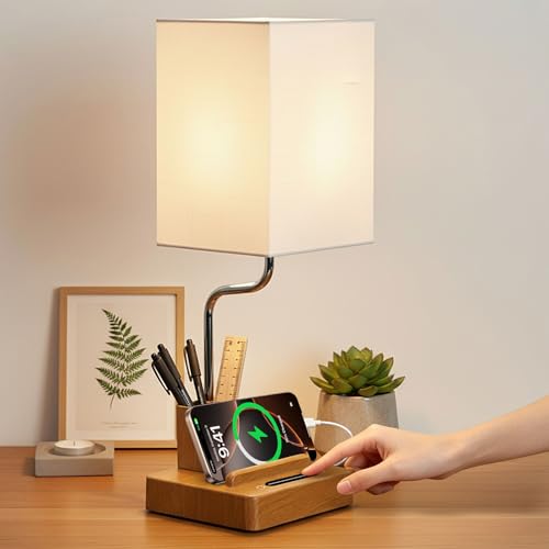 OUTON Cordless Rechargeable Bedside Lamp with Slide Dimmer 8000mAh Battery Level Indicator 3 Color Temperatures Reverse USB Charging Phone Stand & Pen Holder Touch Control for Home & Office Use
