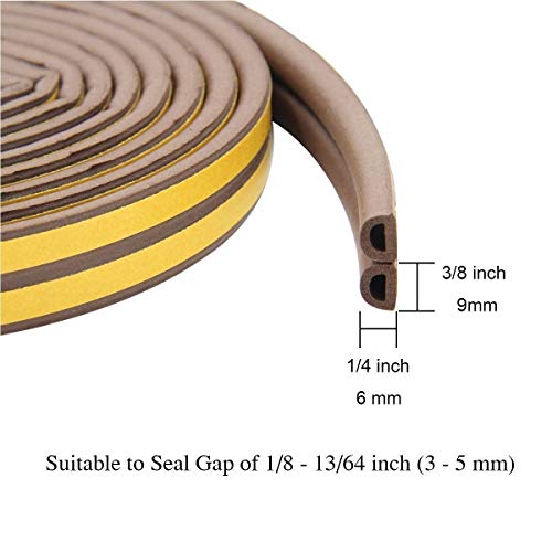 Image of PRUGNA 33Ft Door Seal Weather Stripping, Window Rubber Seal Strip Self Adhesive Foam Tape for Door Window Gap and Wind Blocker, 3 /8-Inch x 1 /4-Inch x 33-Feet, 2 Tapes (Brown)
