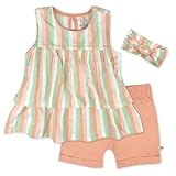 HonestBaby baby-girls 3-Piece Top, Short and Headband Set for Baby Toddler Girls, Serene Stripe Peach, 6 Years