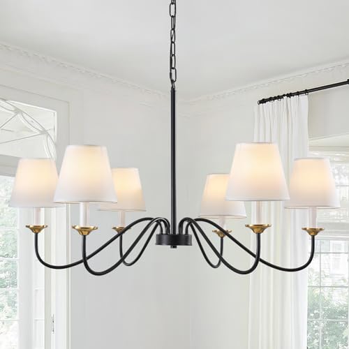 6-Lights Chandelier with Shades, Modern Farmhouse Chandelier for Dining Room, 35.8" Large Black Chandelier Light Fixture, Adjustable Vintage Pendant Lighting for Living Hallway Bedroom Foyer