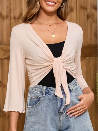 Image of Womens Tie Front Shrug 3 /4 Sleeve Bolero Cardigan Sheer Shrug Sweater Knotted Casual Lightweight Short Shawl Tops