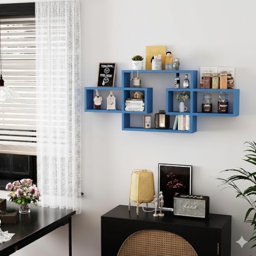 Image of Wooden Wall Shelves for Living Room, Bedroom Wall Mounted Rectangle Bookcase, Intersecting Wall Shelves for Storage Modern Decorative Display Shelves for Wall Decor (Blue)