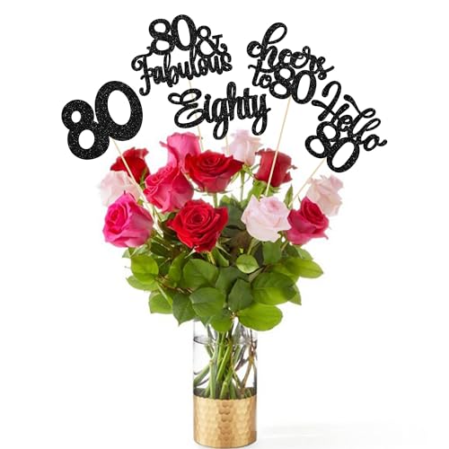 Gyufise 15Pcs 80th Birthday Centerpiece Sticks Eighty Happy 80th Table Flower Centerpieces Sticks Cheers to 80 Floral Decorations for 80th Birthday Party Centerpieces Supplies Black