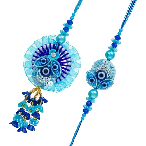 Image of Bhai Bhabhi Rakhi Set - Peacock Designer Rakhi with Stone & Pearl Work Lumba with Tassel for Bhabhi | Raksha Bandhan Gift
