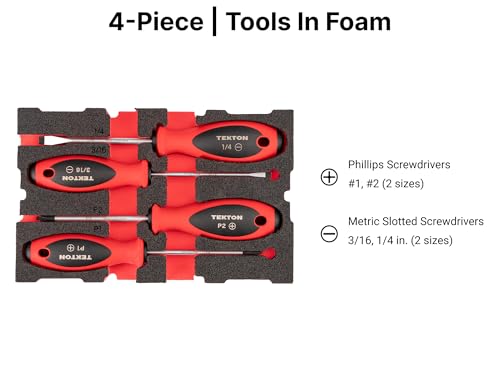 Image of TEKTON Phillips and Slotted Screwdriver Set, 4-Piece | DWZ90603 | 4 Inch Shanks, P1 - 2, 3 /16 - 1 /4 in., Mini Stacking Tool Box, Custom Foam