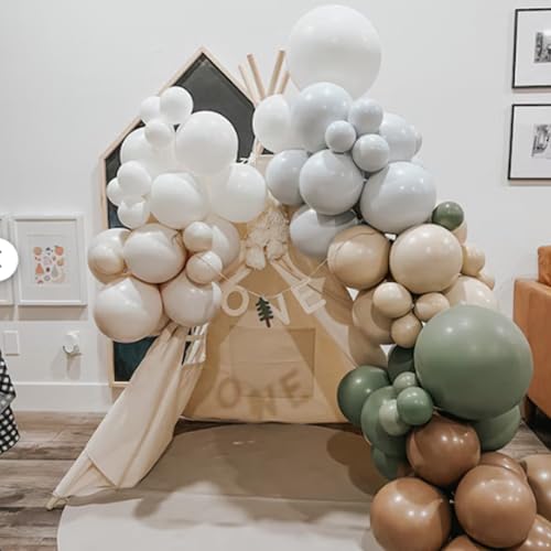 Image of Sage Green Blue Brown Balloons, 60PCS Dinosaur Safari Dusty Blue Olive Green Coffee Beige Eucalyptus Latex Balloon Jungle Hunting Balloons for Woodland Dino Boho Baby Shower Birthday Party Decorations