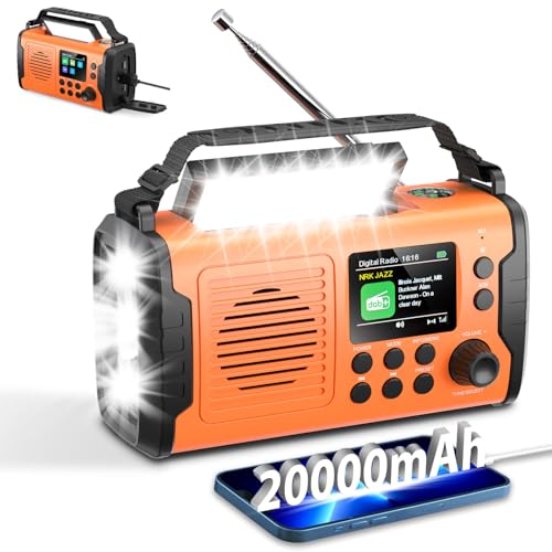 20000mAh Wind Up Radio with Bluetooth, DAB/FM Solar & Hand Crank Power Radio, Flashlight & Reading Light, USB Mobile Phone Charger, SOS Alarm, Portable Emergency Radio for Camping and Outdoor Use