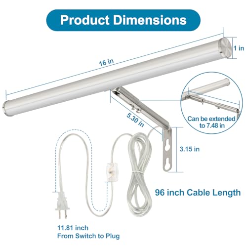 Image of Plug in LED Picture Lights for Paintings Brushed Nickel Finish | 16inch 3000K Adjustable Art Light Gallery LED Wall Light Wall Sconces for Display Art Work, 6W CRI90+, ETL Listed