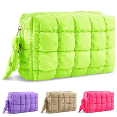 UIXIZQ Puffer Quilted Makeup Bag Cosmetic Bags,Puffy Travel Toiletry Pouch for Women,Cute Checkered Zipper Bag Travel Essential,Portable Aesthetic Make up Organizer Bag for Gifts Work Daily,
