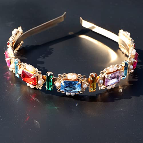 Crrezhai Women Rhinestone Headband Colorful Crystal Bling Hairband Glass Vintage Accessories Diamond Hair Hoop for Evening Party (Imitation Pearl Square)
