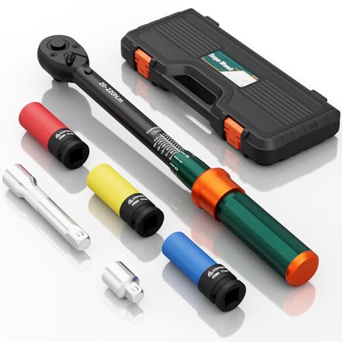 NADOKHI Llave Dinamométrica 1/2'', 20-220Nm, Llave Dinamométrica Coche 6 Piezas con Vasos 17mm/19mm/21mm, Barra de Extensión de 125mm, 1/2' to 3/8' Adaptador, para Coche, Camión, Moto