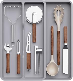 Lifewit Utensil Organizer for Kitchen Drawer, Expandable Cooking Silverware Tray, Adjustable Cutlery Flatware Holder, Plastic Spatula Tools Storage Divider, 14.4 x 15.8", Gray