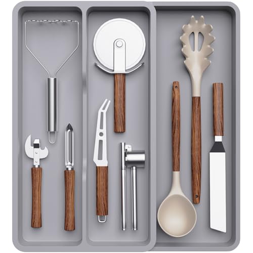 Lifewit Utensil Organizer for Kitchen Drawer, Expandable Cooking Silverware Tray, Adjustable Cutlery Flatware Holder, Plastic Spatula Tools Storage Divider, 14.4 x 15.8", Gray