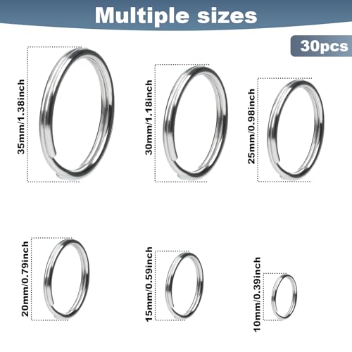 HUSAIHU 30Pcs Key Ring Hoops (10/15/20/25/30/35mm), Round Silver Key Rings, Stainless Steel Split Rings - Image 2