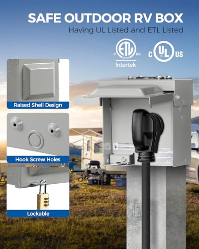 WILAWELS 50 Amp RV Power Outlet Box, 125V/250V NEMA 14-50R RV Outlet, Weatherproof Outdoor Electrical Box with Receptacle Panel, Enclosed Lockable Power Box for RV Camper, ETL & UL Listed H01OB06