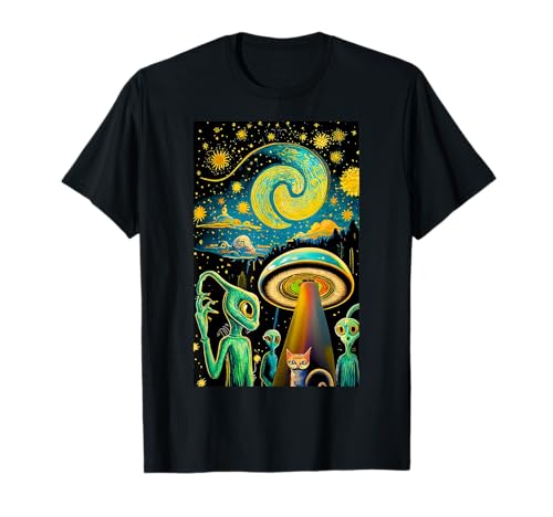 Funny Cat Kitten UFO Alien Van Gogh Pintura Noche Estrellada Camiseta