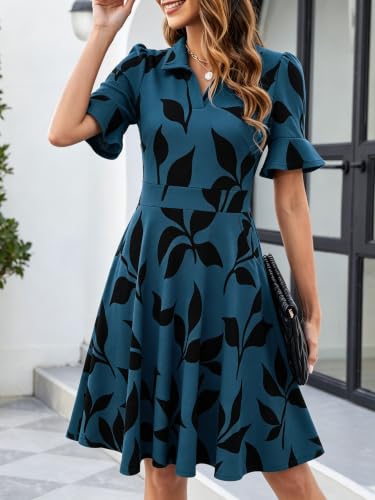 Image of Mokayee Womens Summer Ruffle Sleeve Collared V Neck Fit and Flare Elegant A line Swing Dresses with Pockets