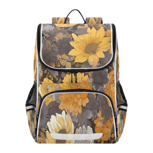 Sac à dos scolaire grande capacité jaune fleur dorée pour fille et garçon