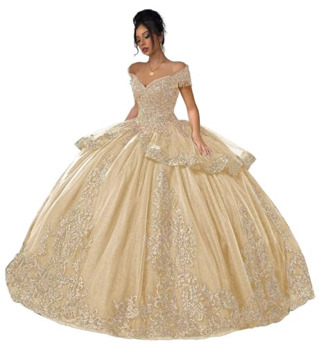 Glitter Tulle Quinceanera Dresses with Train Bow Puffy Ball Gown Off The Shoulder Prom Dress for Sweet 15 16