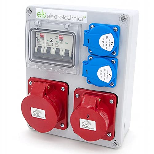 ELS Elektrotechnika Steckdosenverteiler Baustromverteiler Wandverteiler mit Schuko Steckdosen 2x230V + 1x LS B16 & 1x CEE 16A + LS B16 und 1x CEE 32A (nicht abgesichert) für Werkstätten und Fabriken Cover