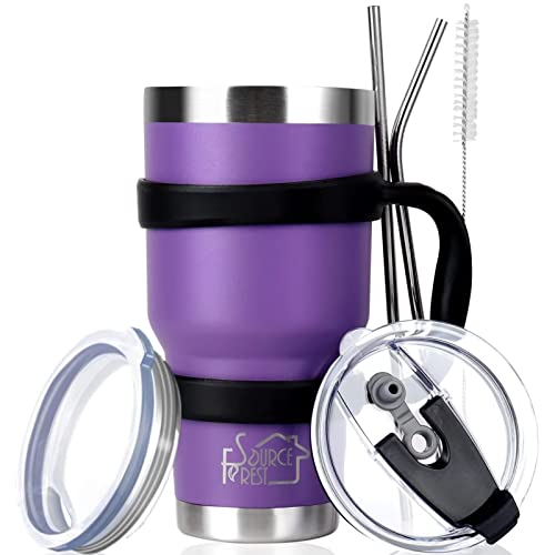 ForestSource 30 oz Insulated Tumbler with Lid and Straw - 7 Piece Set, Stainless Steel Tumbler with Handle, Insulated Travel Coffee Mug, Coffee Tumbler with 2 Lids and 2 Straws, brush, handle