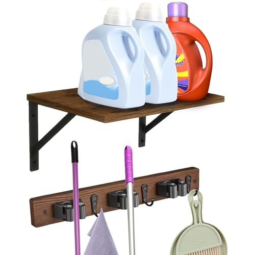 CQPRK Broom and Mop Organizer Wall Hanging with Cleaning Supplies Organizer Shelf Rustic Farmhouse Wood Broom Mop Holder Storage Rack for Laundry Room Garage (1 Brown)