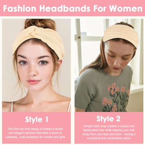 Image of MAYCREATE 2Pcs Wide Head Band Twisted Knot Headband for Women, Pink & Beige | Stylish Twisted Knot, Stretchy Cloth Design, Helps Keep Hair Away from Face During Skincare and Exercise