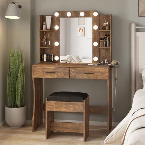 Image of Vabches Vanity Desk with Lights,Makeup Vanity with Power Strip,Dressing Table Set with 2 Large Drawers,Vanity Mirror 3 Lighting Color Adjustable,Rustic Brown