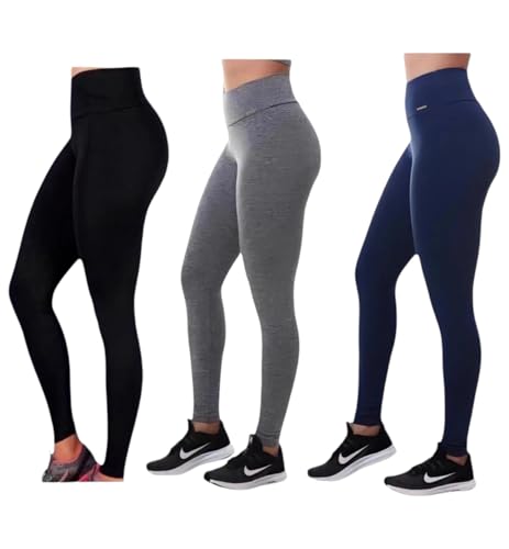 Kit com 3 Calças Leggings Cós Alto Academia Fitness (BR, Alfa, G, Regular, Regular, Preto/Cinza/Azul